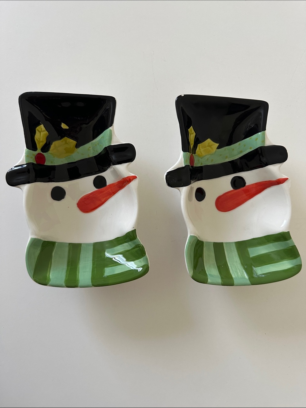 Set of Two Snowman Ceramic Holiday Trinket Dish
